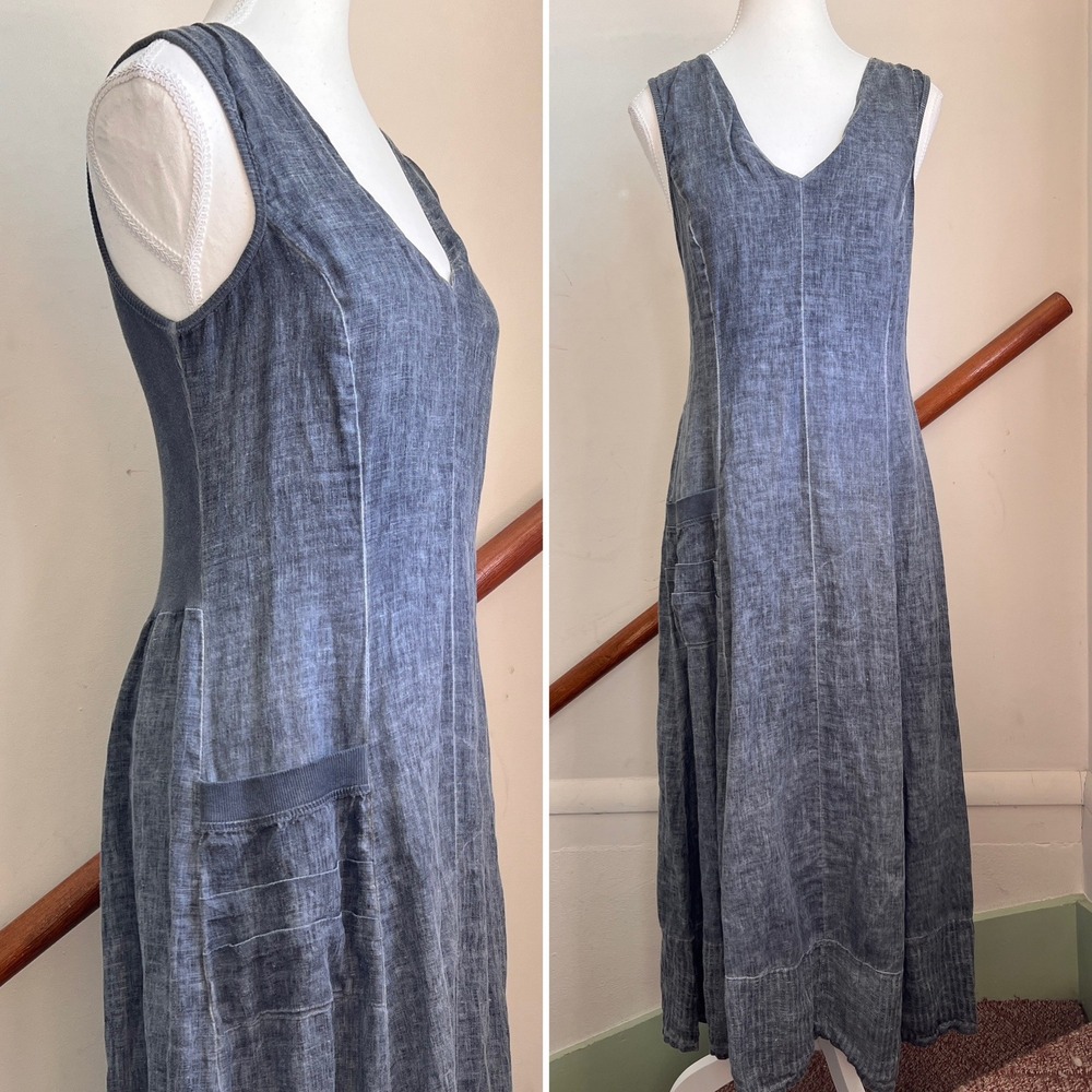 Inizio Linen Maxi Dress Small Gray Lagenlook Sleeveless V-Neck Made in Italy Y2K